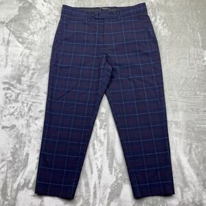 Percival Plaid Dress Pants Cropped Slim Fit Dark Blue Sz 32 Tailored Preppy Boho
